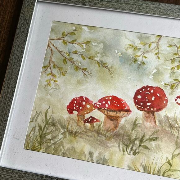 Original Art watercolor painting featuring red and white Fly Agaric mushrooms - Picture 2 of 8